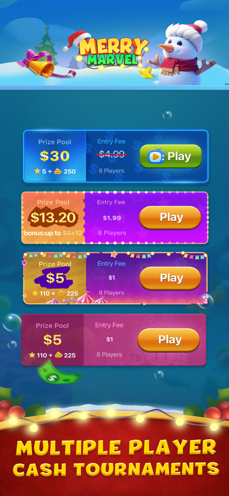 Pantalla móvil que muestra múltiples torneos de efectivo para jugadores con diferentes premios acumulados y tarifas de entrada