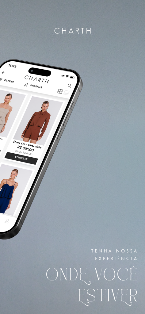 CHARTH - Moda Feminina - Smartphone screen displaying the Charth high-end fashion collection with elegant women apparel