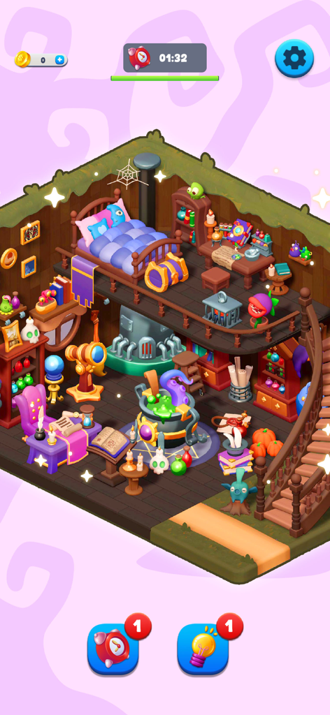 A cozy two-story wizard-themed room with a cauldron, telescope, and magical decor in Dreamy Architect.