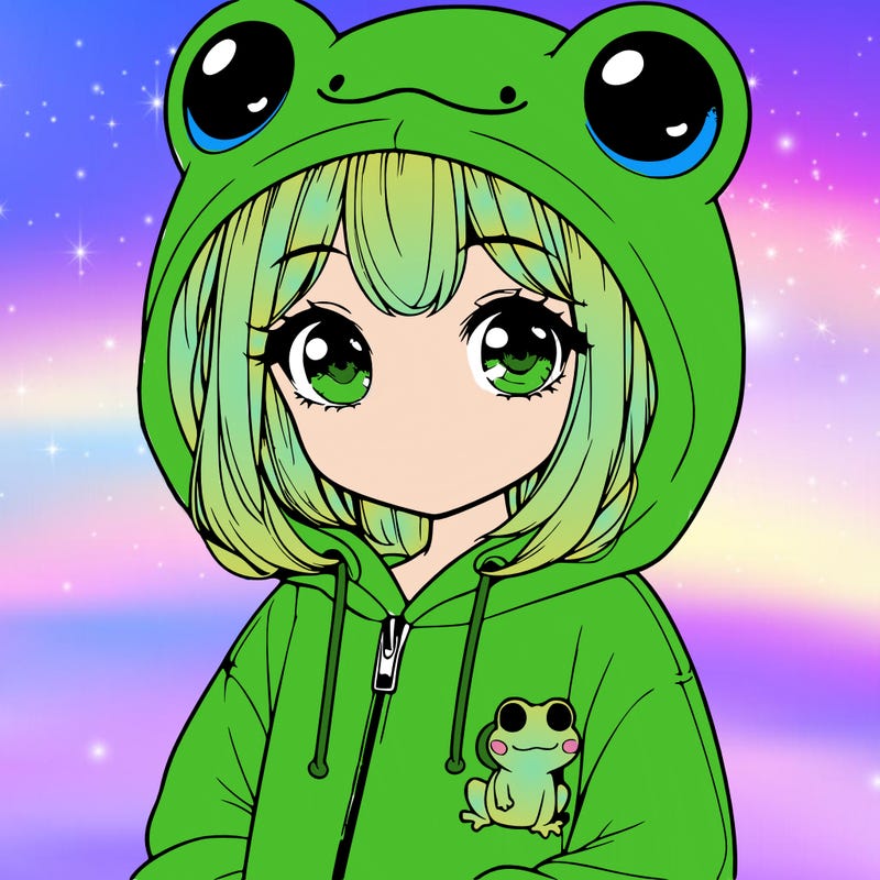 cute realistic girl in a froggy hoodie