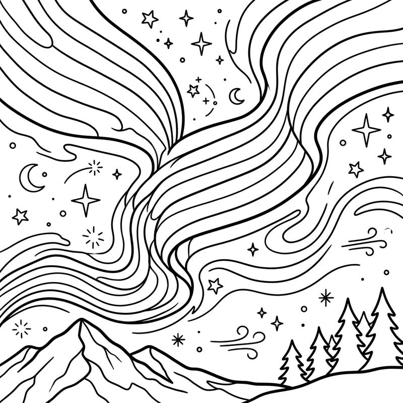 Experience the breathtaking beauty of the Aurora Borealis reimagined with the vibrant spirit of Pride. This unique coloring page celebrates nature's wonder and the power of love and diversity.