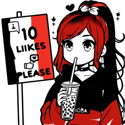 girl with a high ponytail and a hoodie drinking boba staring at a sign saying 10 likes please