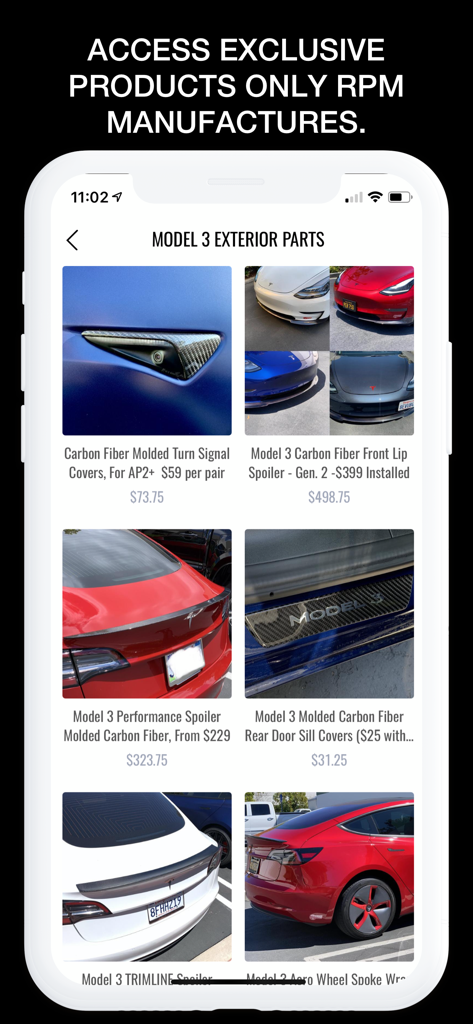 RPM Tesla mobile app screen displaying exclusive exterior parts for Tesla Model 3