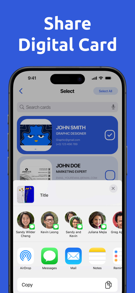 Digital Business Card Scannerㅤ - Interface of the digital business card scanner showing options to share contact information via messages mail and airdrop