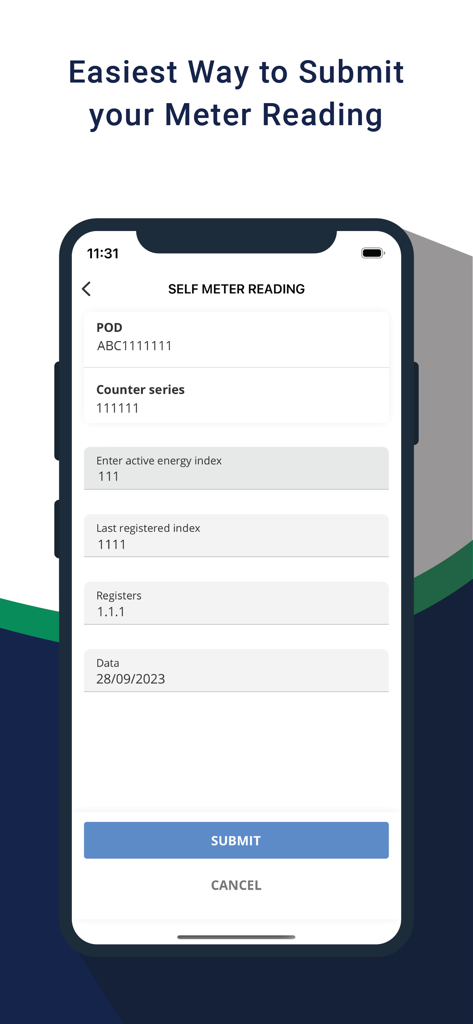 iHidro app interface for submitting a self-meter reading with fields for energy index and counter series