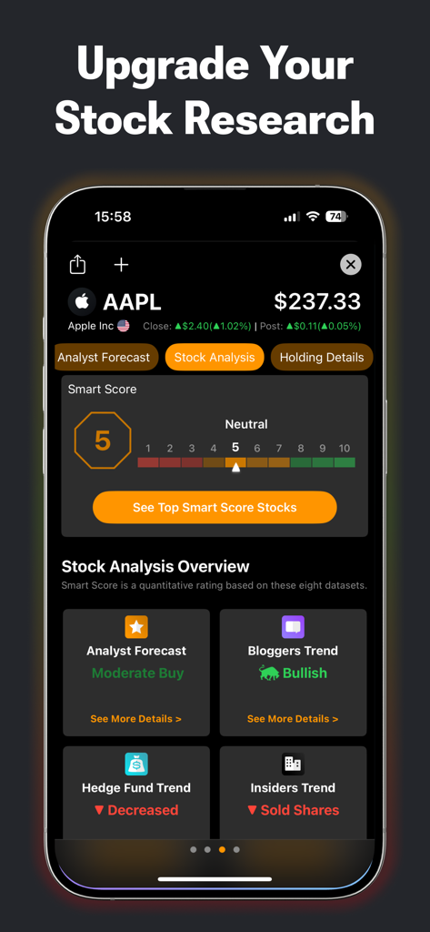 TipRanks mobile app displaying AAPL stock analysis with smart score and analyst forecasts