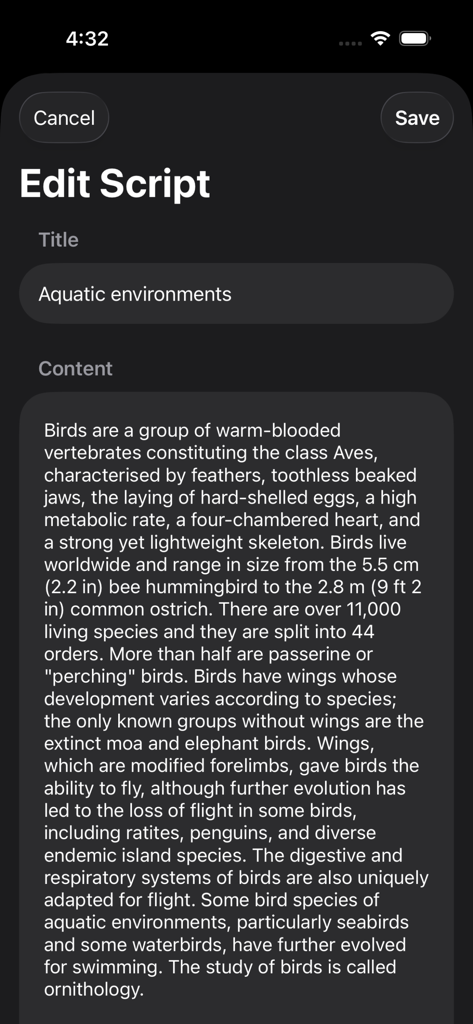 Teleprompter Studio - Pantalla de la aplicación Teleprompter Studio para editar el título y el contenido del guion en modo oscuro