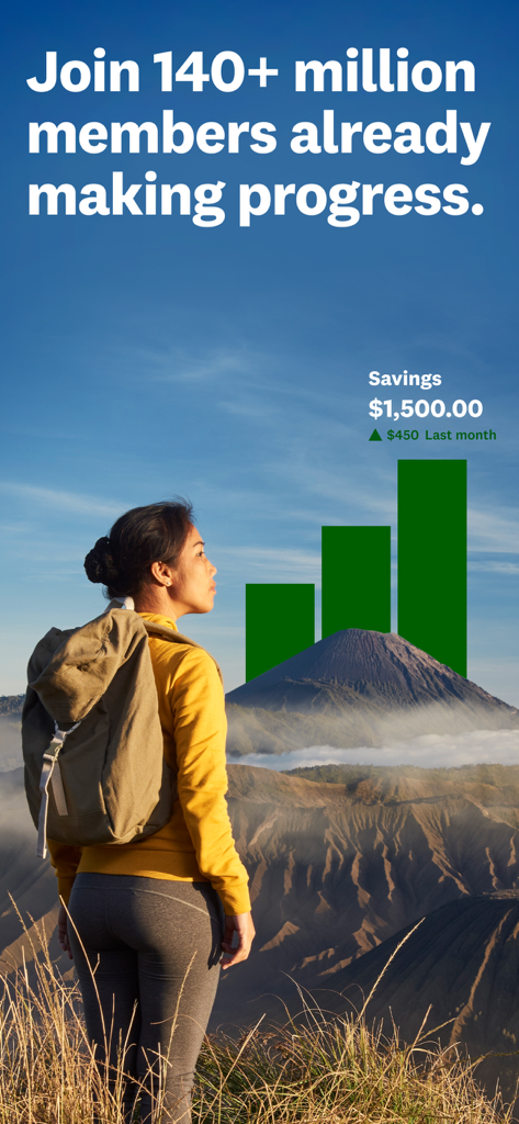 Intuit Credit Karma - A woman overlooking a mountain range with a graphic showing savings growth and the headline Join 140 million members already making progress