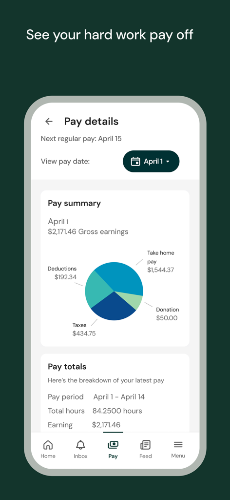 A mobile screen showing the UKG Pro pay details page with a pie chart breakdown of earnings, taxes, and deductions.