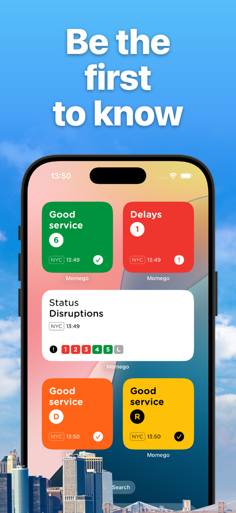 iPhone home screen displaying NYC Transit app widgets for real-time subway service alerts and delays