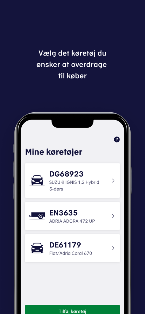 Ejerskifte - A mobile interface from the Ejerskifte app showing a list of personal vehicles available for ownership transfer