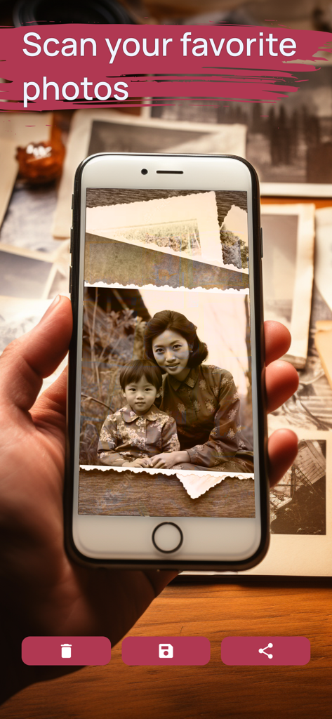 FixMyPics - Restore Old Photos - FixMyPicsを使用して修復するために、母親と子供の古いヴィンテージ写真をスキャンしているスマートフォン。