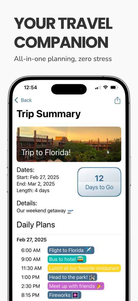 Pocket Trip Planner - A detailed trip summary in the Pocket Trip Planner app showing a Florida itinerary with a countdown and scheduled activities