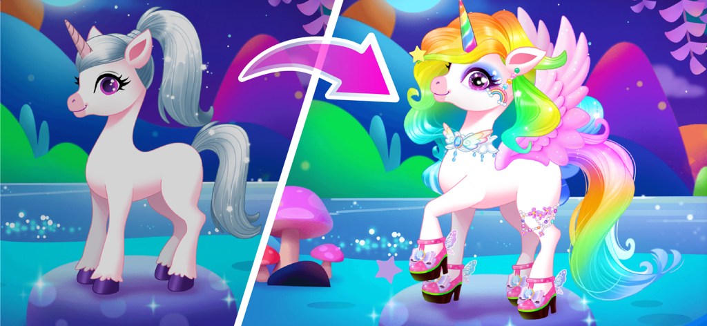 Before and after transformation of a decorated unicorn in a dress up game