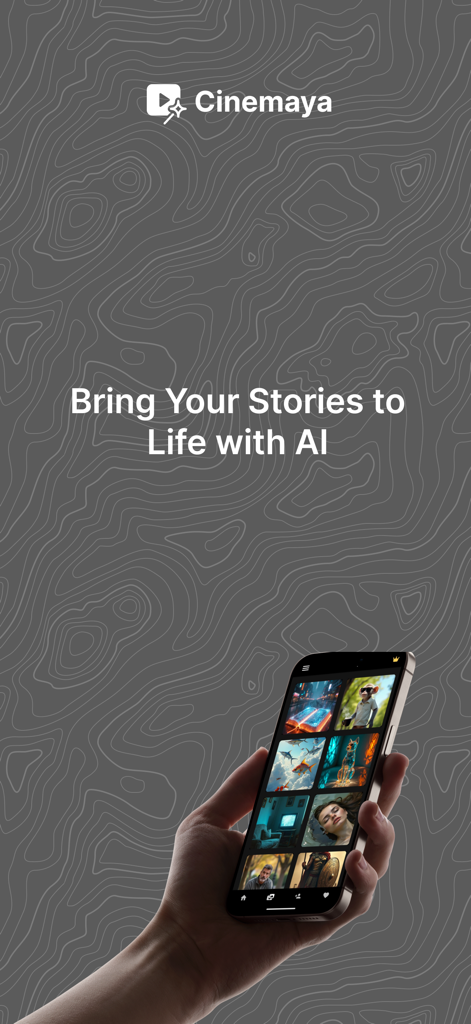 Cinemaya: AI Movie Generator - A hand holding a smartphone showing the Cinemaya AI Movie Generator app with a grid of cinematic video previews and the tagline Bring Your Stories to Life with AI