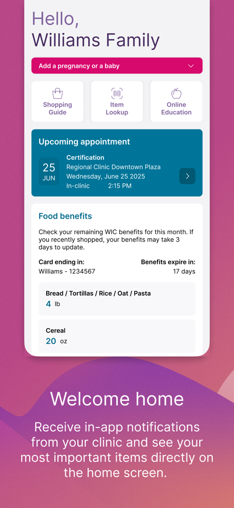 myWIC Mosaic - myWIC Mosaicアプリのホーム画面。食料品給付金と予約の詳細が表示されています。