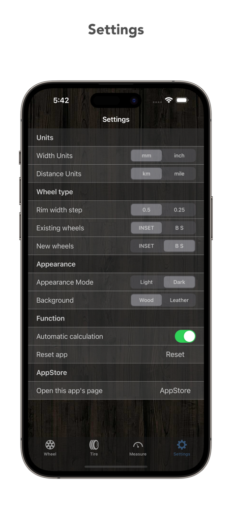 Tire Calculator (Offset&Speed) - The settings menu of the Tire Calculator app showing measurement units and customization options on a dark wood background.