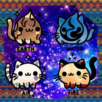 4 cats that represent the different elements, earth, water, air, and fire