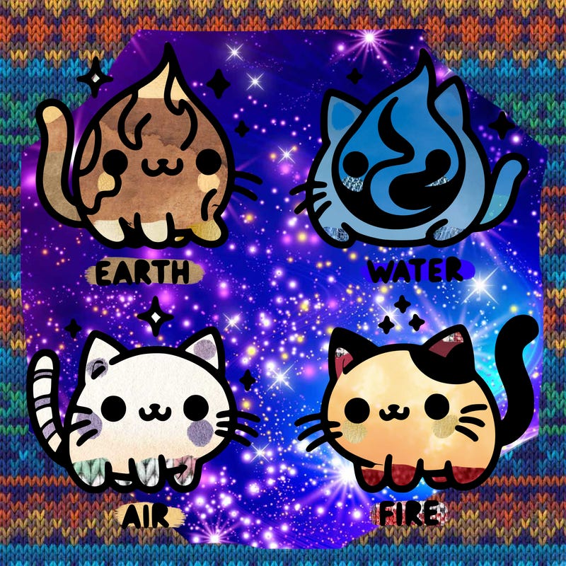 4 cats that represent the different elements, earth, water, air, and fire