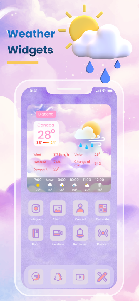 Weather Widget: Live Radar App - Aesthetic weather widget on a customized iPhone home screen with pastel icons