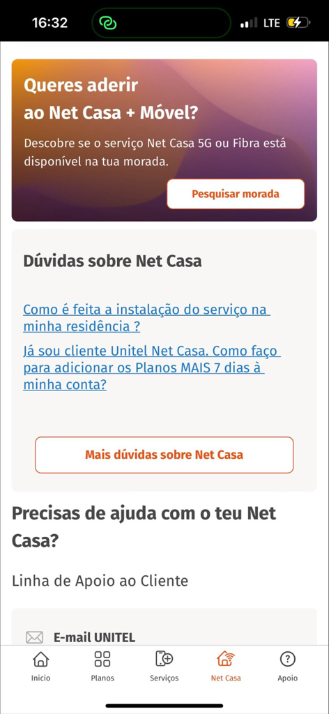 MyUnitel app interface for home internet service questions and customer support