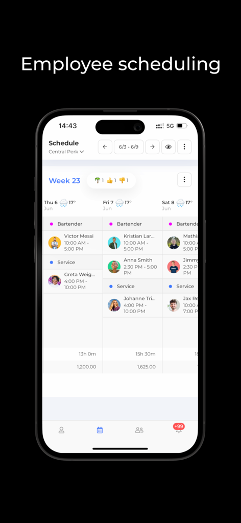 Workfeed - Work Scheduling App - Weekly employee shift schedule displayed on the Workfeed mobile app interface