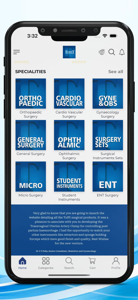 Tufft Surgical Instruments - Tufft Surgical Instruments app home screen showing medical specialty categories like orthopaedic and general surgery