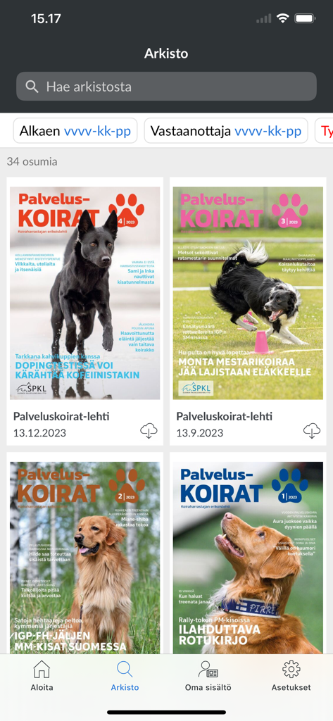Palveluskoirat - Archive screen of the Palveluskoirat app displaying various magazine covers with working dog breeds