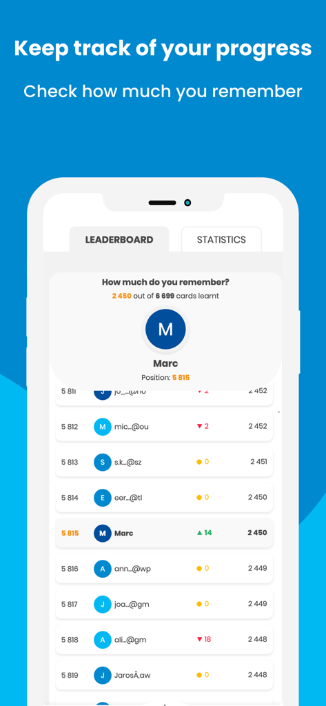 SuperMemo – effective learning - SuperMemo app leaderboard screen showing user ranking and progress in cards learned