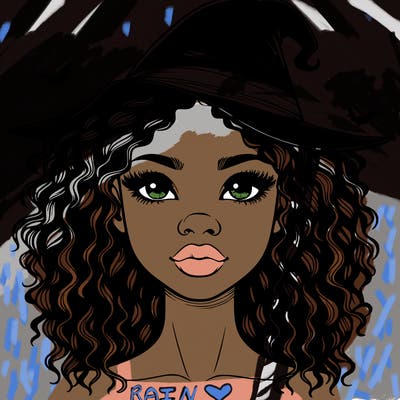 realistic black girl with wavy hair and witch hat and nose and lips