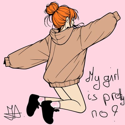 realistic girl jumping with a bun and oversized sweatshirt