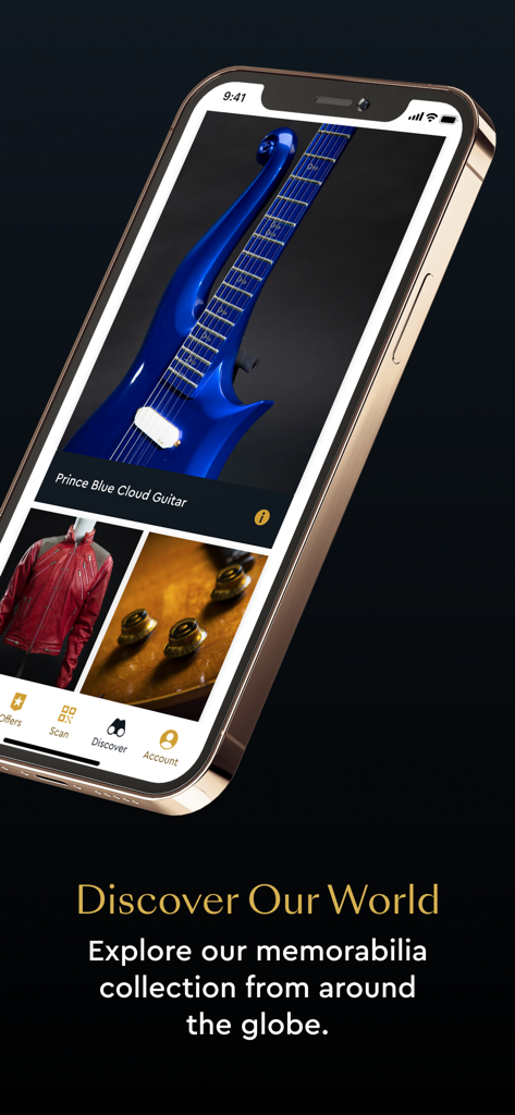 Unity by Hard Rock - Unity by Hard Rockアプリ、プリンスの青いギターや赤いレザージャケットなどの音楽記念品を表示する画面