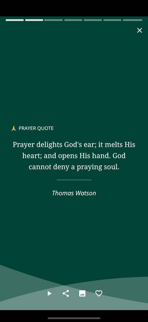Daily Prayer Guide - Una cita de oración de Thomas Watson sobre un fondo verde en la aplicación Guía de Oración Diaria.