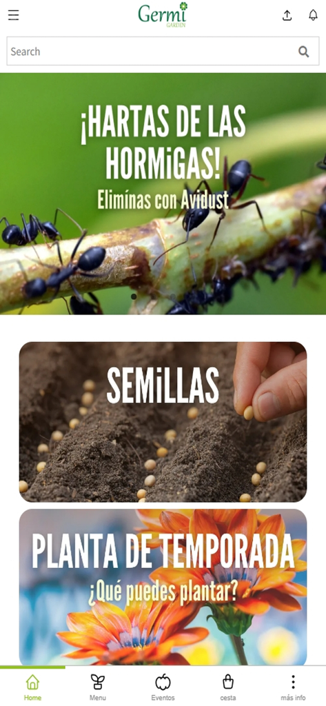 Germigarden - Germigarden mobile app home screen featuring categories for seeds and seasonal plants.