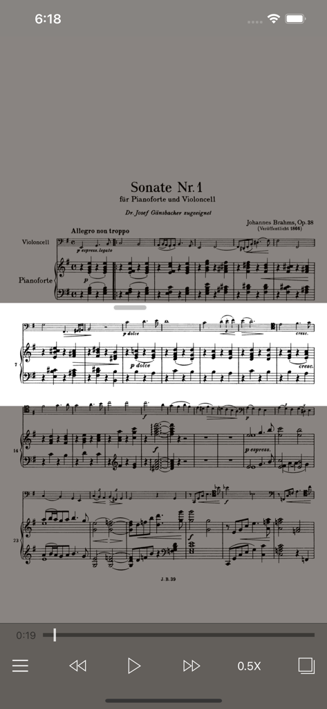 Brahms Cello Sonata No 1 sheet music with synchronized audio playback controls