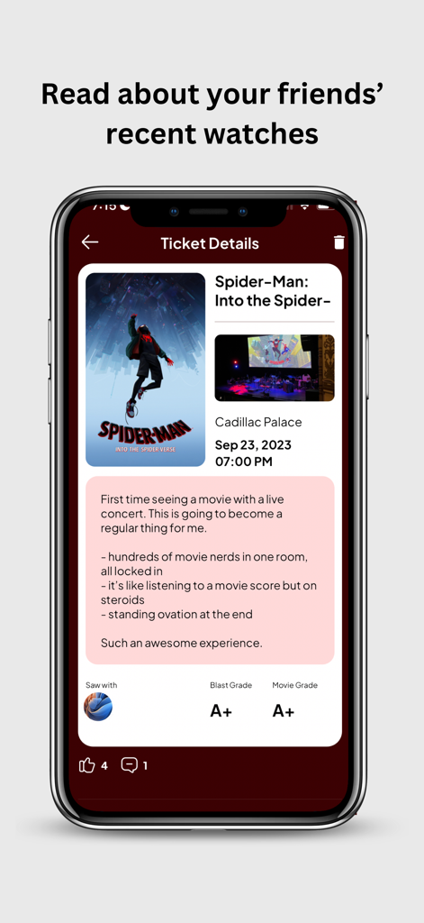 Blast Movie App - Un billet de film numérique dans l'application Blast présentant Spider-Man Into the Spider-Verse avec un avis personnel et des notes doubles pour le film et l'ambiance.