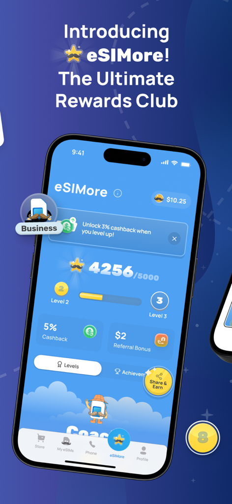 eSIMo app screen showing the eSIMore rewards club with loyalty levels and cashback features