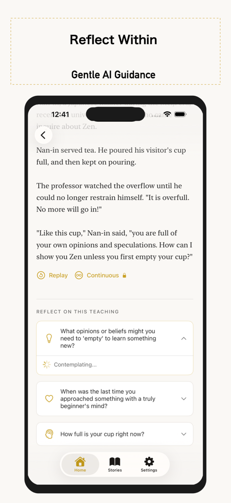 Zen Tales: Buddhist Stories - Écran de smartphone de l'application Zen Tales montrant une histoire bouddhiste et des questions de réflexion IA pour la croissance spirituelle