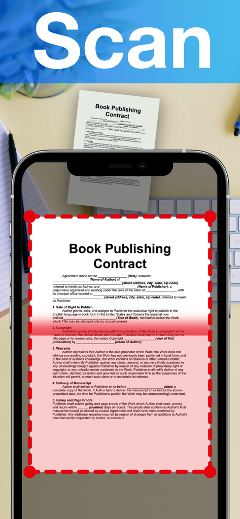 AI Document Scanner app scanning a professional contract on an iPhone using automatic edge detection.