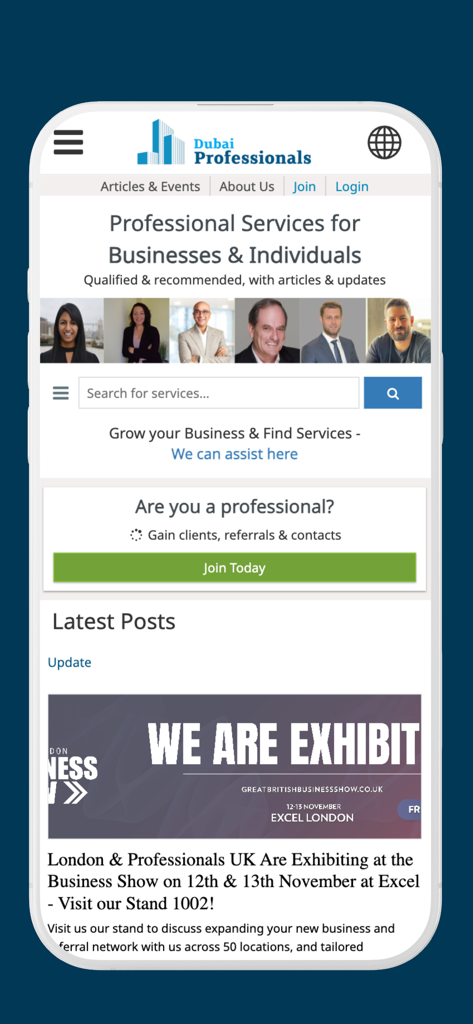 두바이 전문가 앱 모바일 홈 화면, 전문 네트워킹 및 서비스 검색 기능 표시