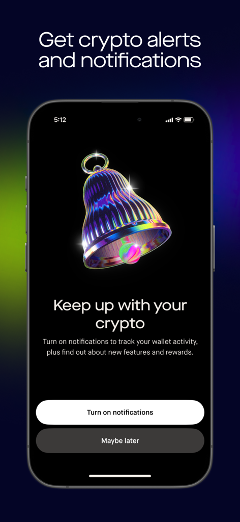 Robinhood Wallet: Swap Crypto - Tela do aplicativo Robinhood Wallet para habilitar alertas e notificações de criptomoedas com um gráfico de sino 3D