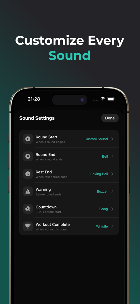 Screenshot delle impostazioni audio nell'app Boxing Timer per personalizzare gli avvisi di round e riposo