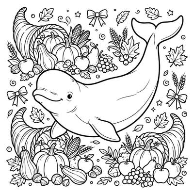Dive into the spirit of gratitude with this enchanting Beluga Whale Thanksgiving coloring page! It features a cheerful beluga surrounded by abundant harvest treats and festive autumn decorations, ready for your creative touch.
