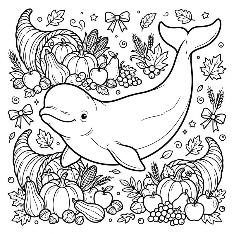 Dive into the spirit of gratitude with this enchanting Beluga Whale Thanksgiving coloring page! It features a cheerful beluga surrounded by abundant harvest treats and festive autumn decorations, ready for your creative touch.
