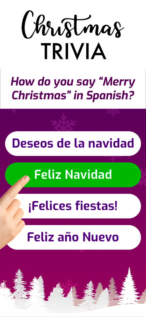 Christmas Games. - A Christmas trivia question about how to say Merry Christmas in Spanish with large clear buttons.