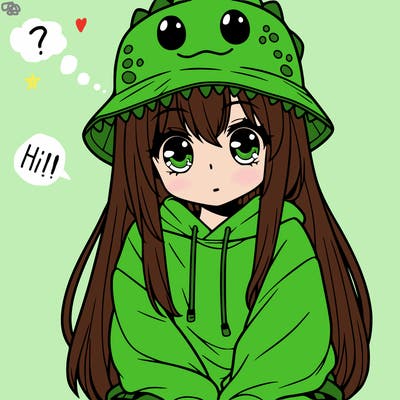 girl with anime shaped eyes with a dinosaur bucket hat oversized sweatshirt long straight hair