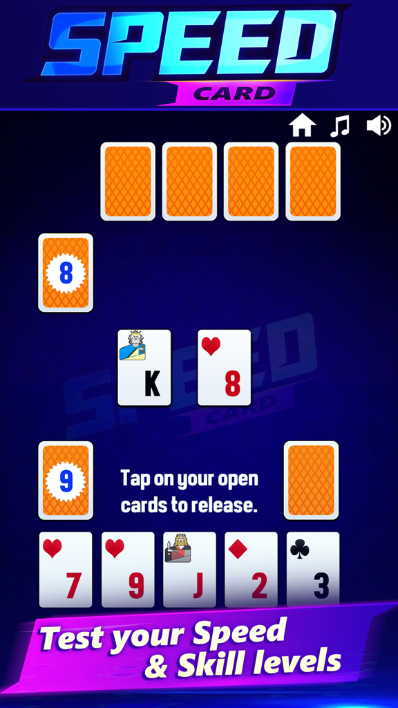 Tela de jogabilidade Speed Card Slam mostrando cartas e desafio de velocidade