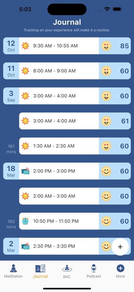 EnlightenMe 앱의 저널 화면, 시간 및 기분 평가가 포함된 과거 명상 세션 목록 표시