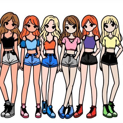 a group of girls wearing crop tops and shorts