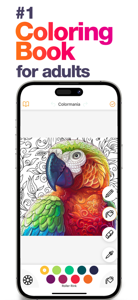 Coloring Book For Adults - Art - Un smartphone mostrando una detallada ilustración de un loro siendo coloreada con paletas vibrantes en la aplicación Libro de Colorear para Adultos.